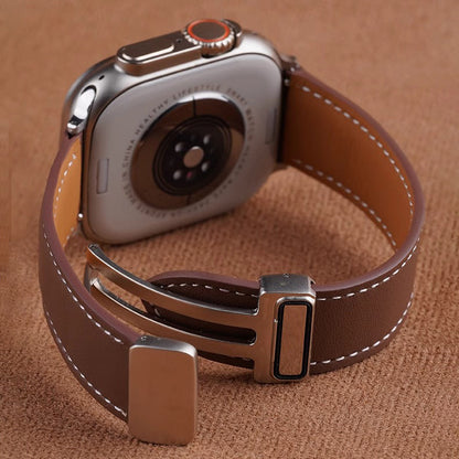 Luxury Leather Magnetic Foldover Buckle Band For Apple Watch